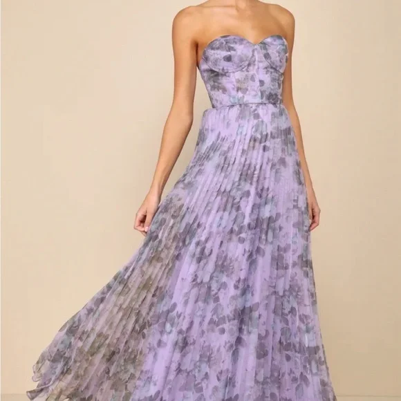 Lulu's Lavender Floral Strapless Pleated Gown - Picture 1 of 6